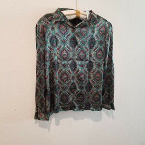 Tess Womens Sz 10 Long Sleeve Popover Button Blouse Top Shoulder Pads Geo Green